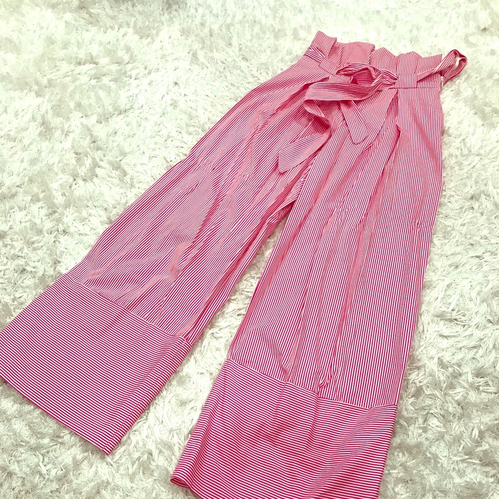 ZARA Striped Paper-bag Waist Wide-Leg Pants